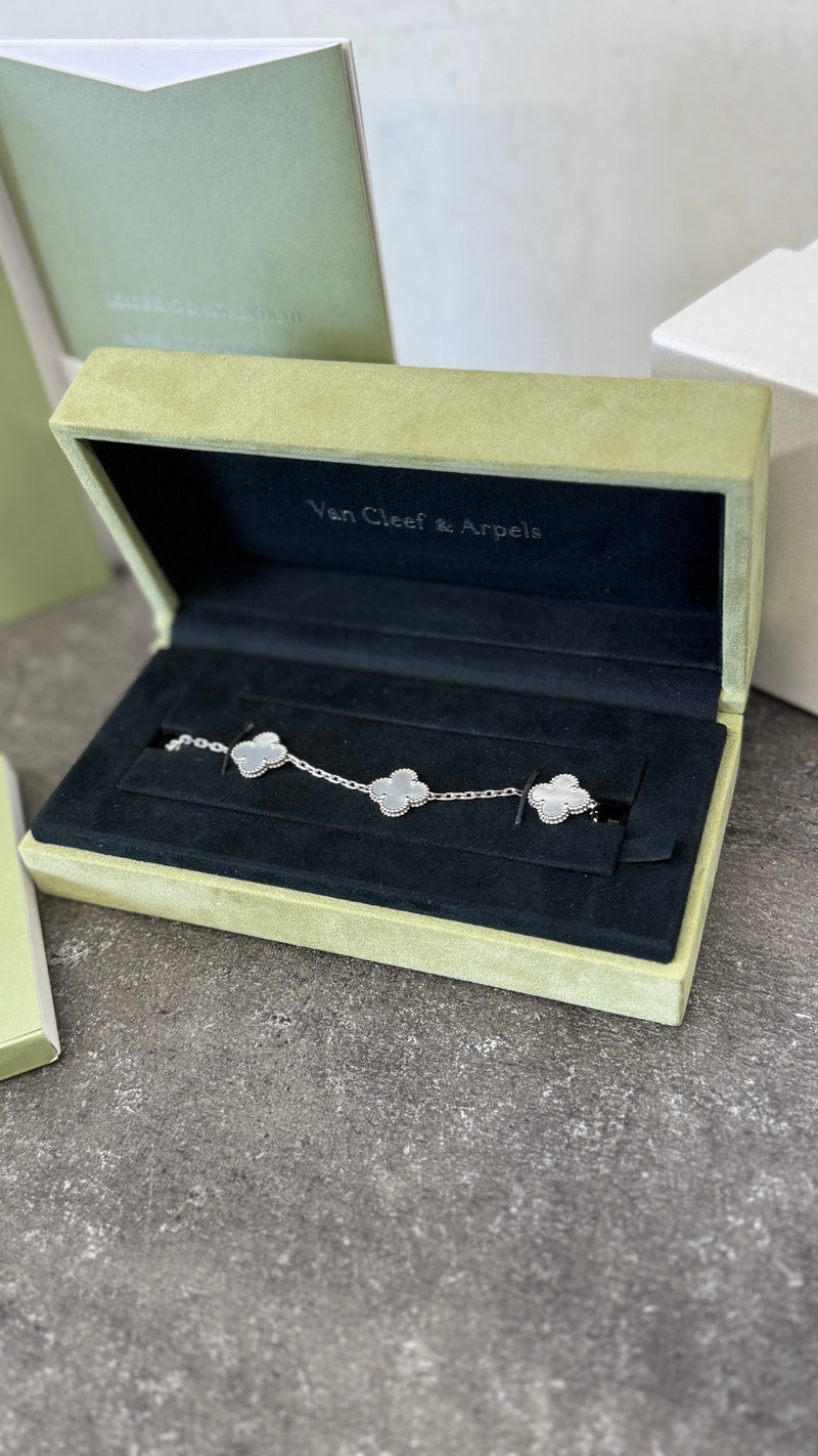 Women's White Gold Mother of Pearl 5 Motifs Vintage Alhambra Bracelet Gold