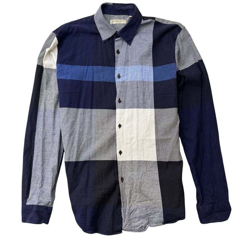 Men's Check Stretch Poplin Long Sleeve Shirt Navy Size M