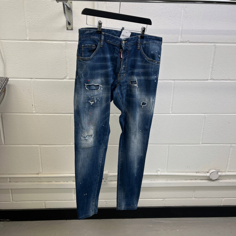 Men's Distressed Paint Splatter Jeans Blue Size XL / W36