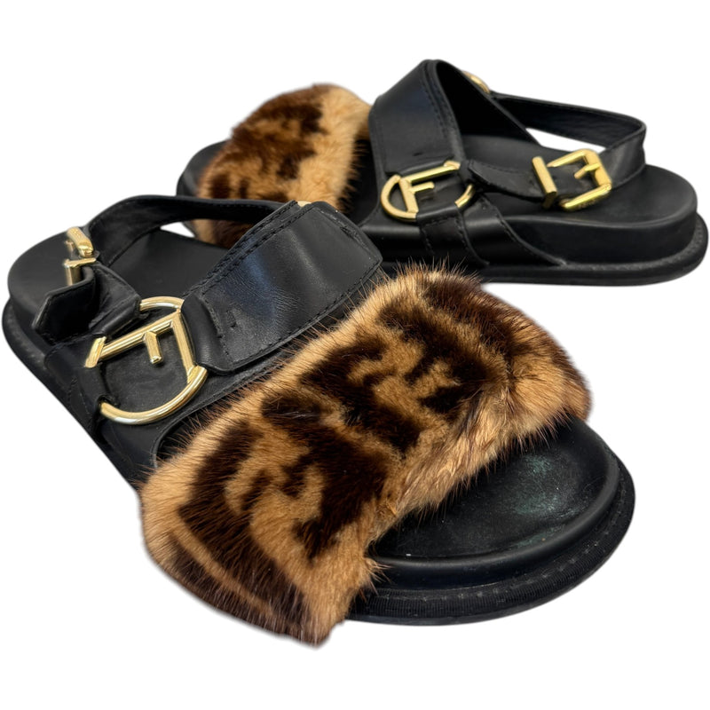 Women's FF Mink Fur Sandals Black Size UK 6 / EU 39