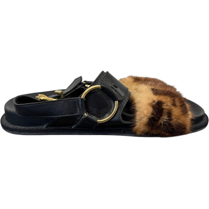 Women's FF Mink Fur Sandals Black Size UK 6 / EU 39