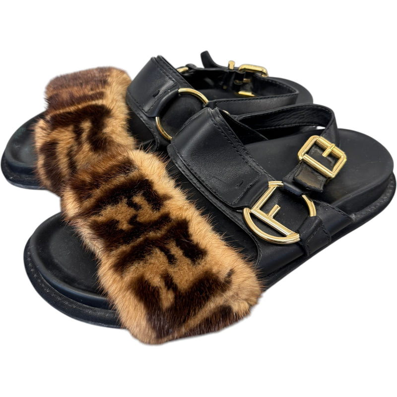 Women's FF Mink Fur Sandals Black Size UK 6 / EU 39