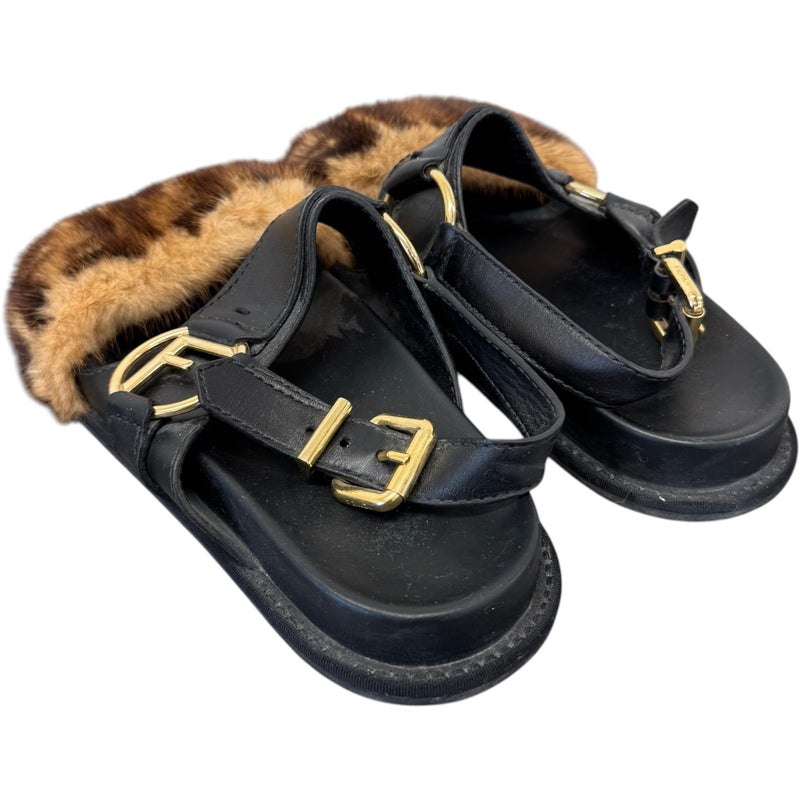 Women's FF Mink Fur Sandals Black Size UK 6 / EU 39