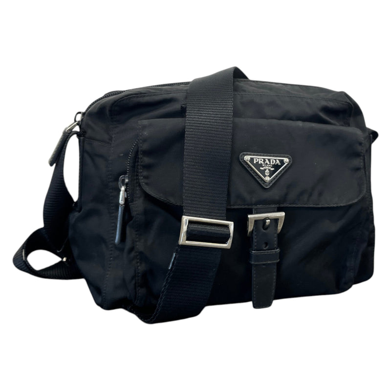 Men's Re-Nylon Plaque Logo Messenger Bag Black