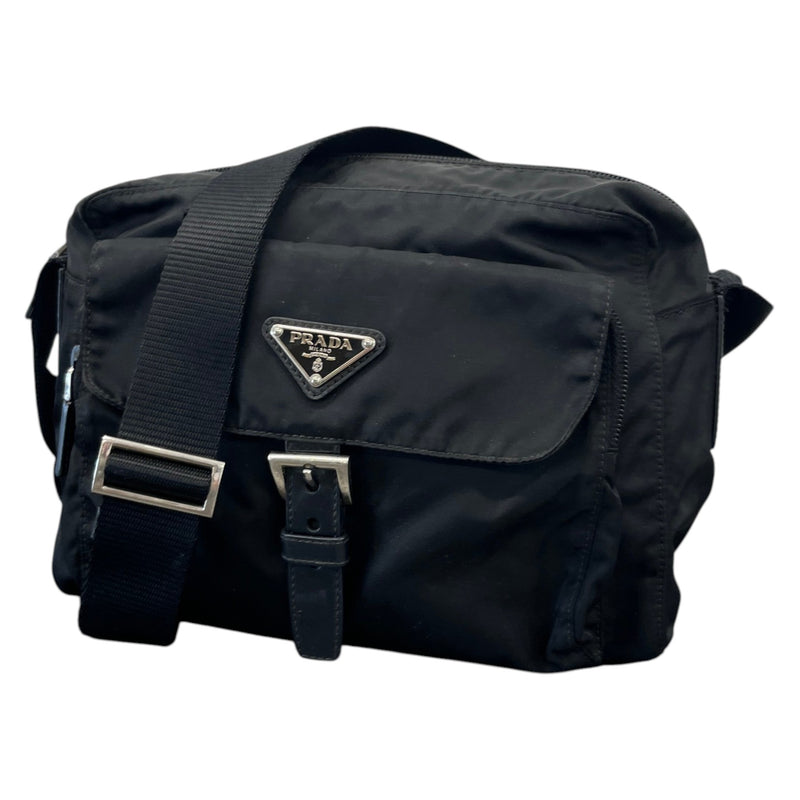 Men's Re-Nylon Plaque Logo Messenger Bag Black