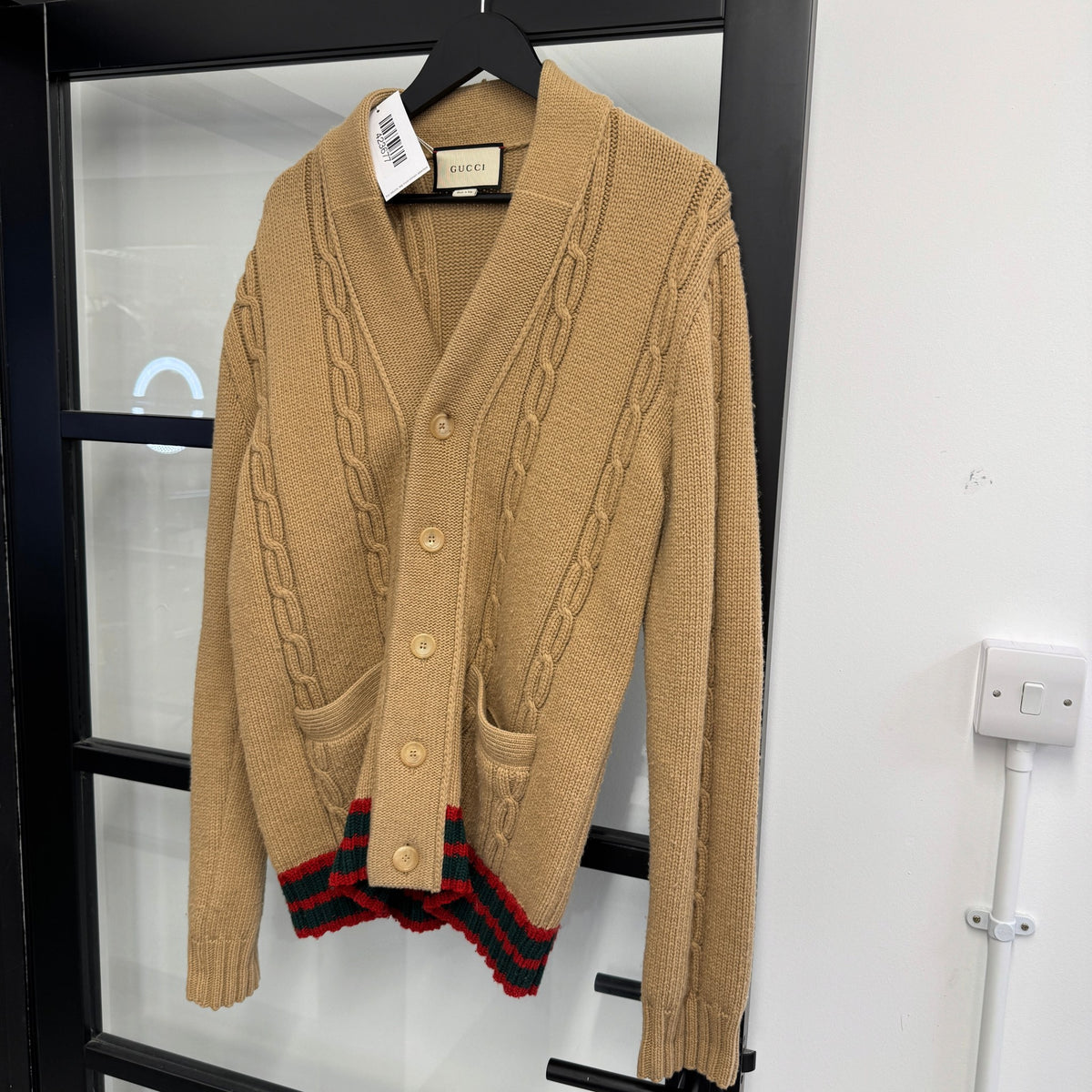 Men's Web Stripe Cable-Knit Cashmere & Wool-Blend Cardigan Beige Size S - Photo 9