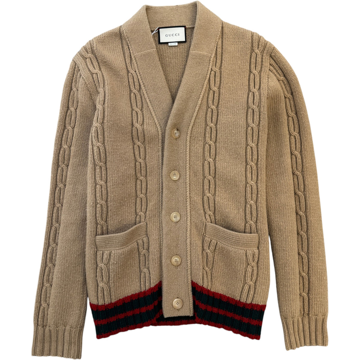 Men's Web Stripe Cable-Knit Cashmere & Wool-Blend Cardigan Beige Size S - Photo 1