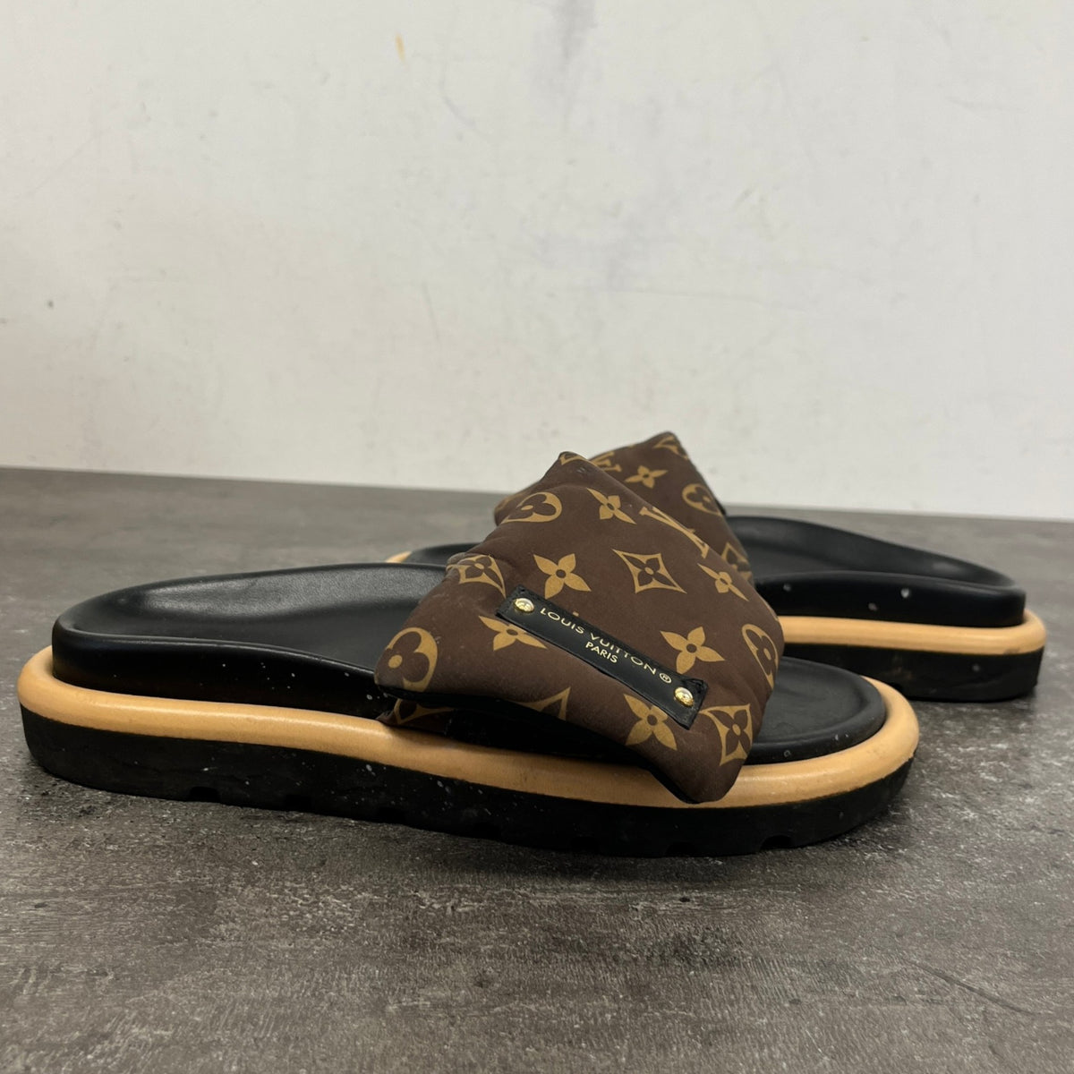 Women's Monogram Nylon Pool Pillow Slides Brown Size UK 4 / EU 37 - Photo 11