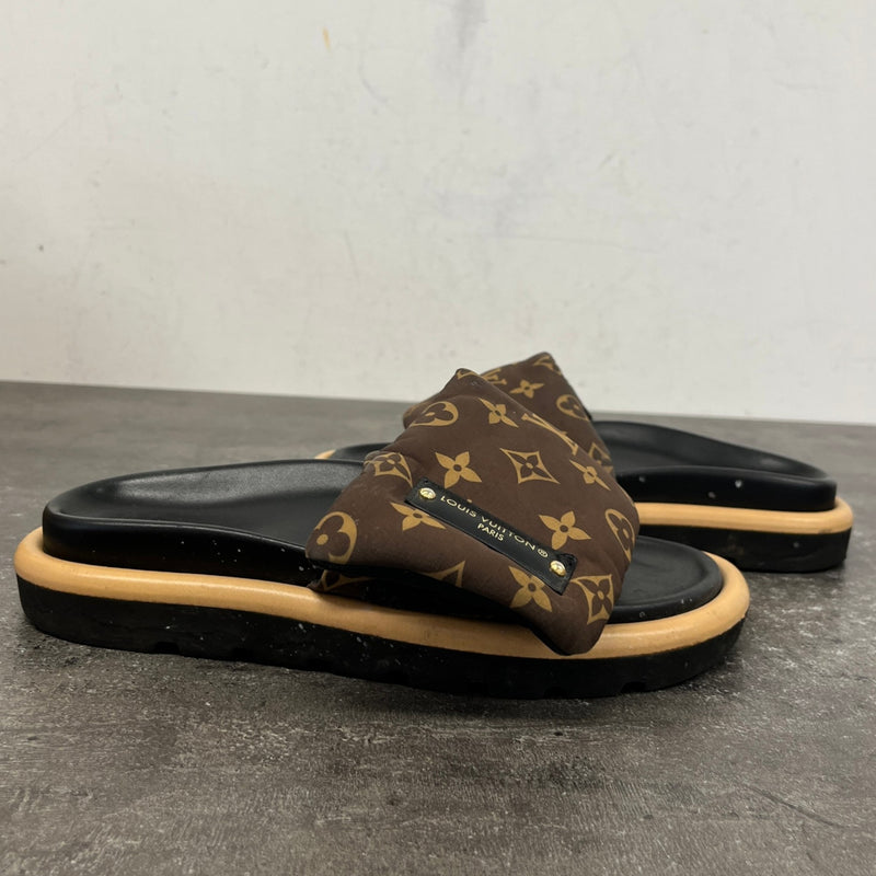 Women's Monogram Nylon Pool Pillow Slides Brown Size UK 4 / EU 37