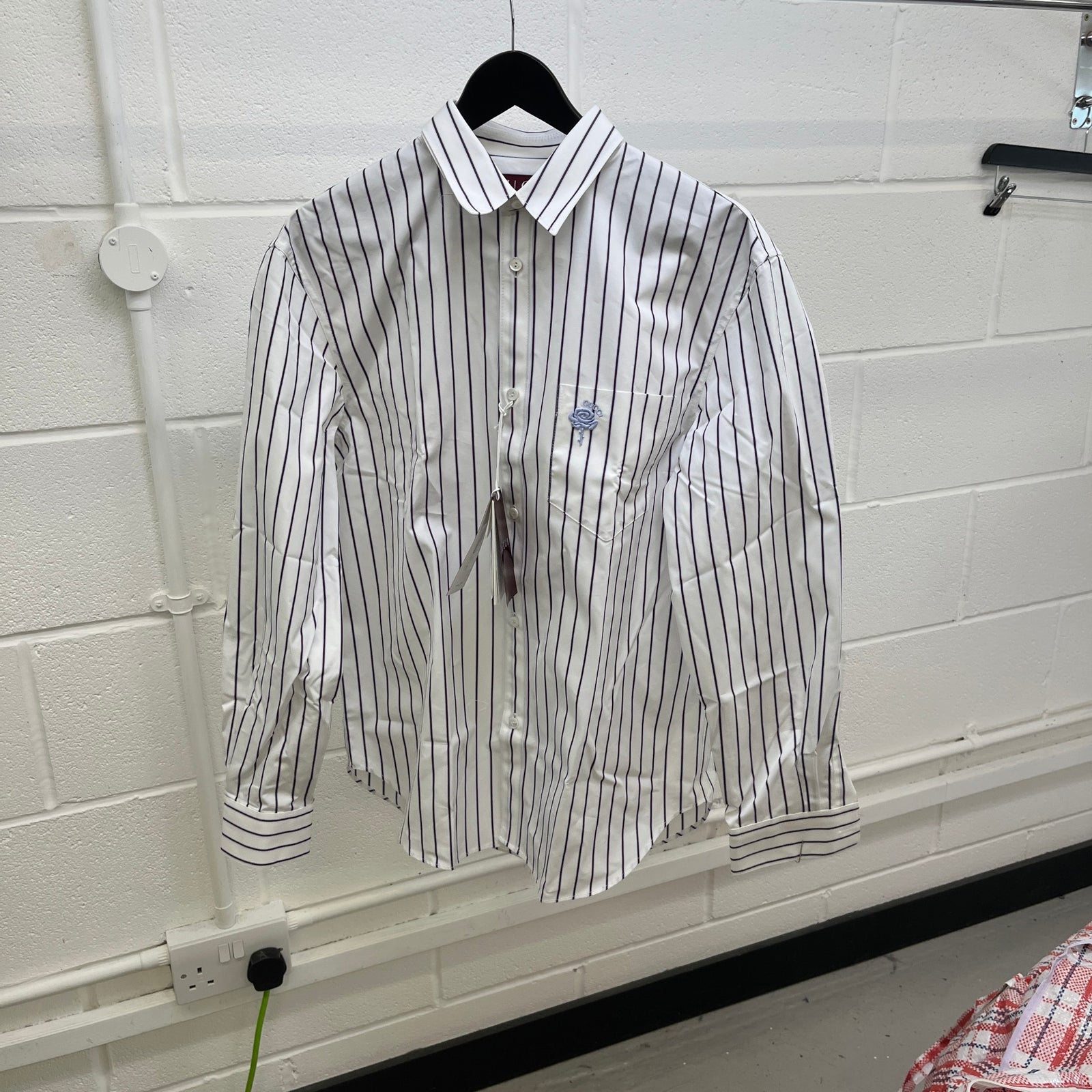 Gucci Men's Striped Rose Embroidery Long Sleeve Shirt White Size M - Photo 7