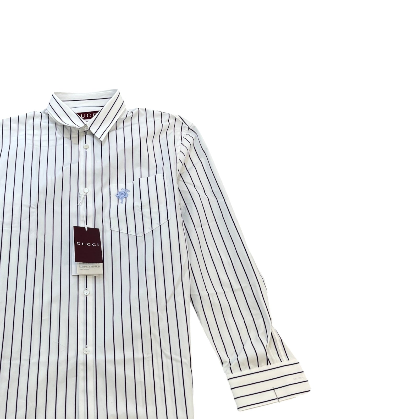 Gucci Men's Striped Rose Embroidery Long Sleeve Shirt White Size M - Photo 3