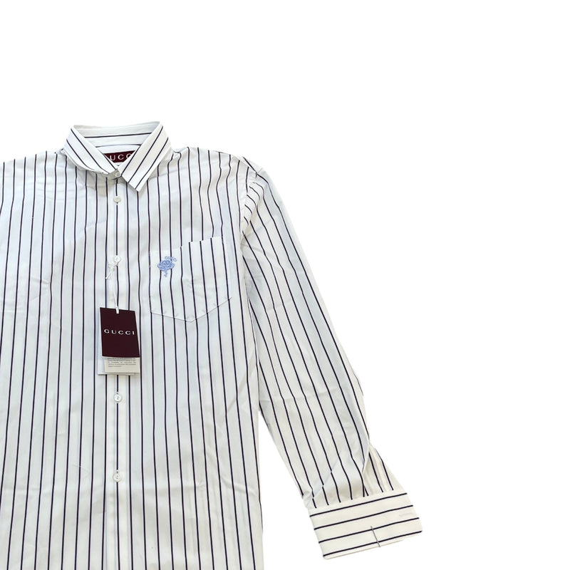 Gucci Men's Striped Rose Embroidery Long Sleeve Shirt White Size M