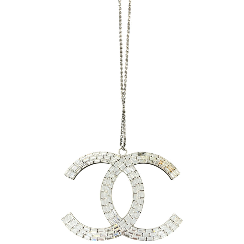 Women's Baguette Crystal Large CC Pendant Necklace Silver