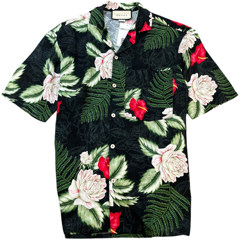 Men's Hawaiian Print Short Sleeve Shirt Black Size XXL