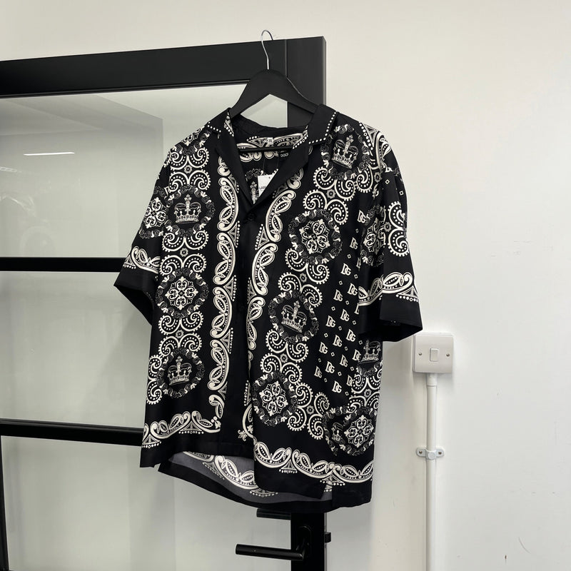 Men's Bandana Print Short Sleeve Shirt Black Size M