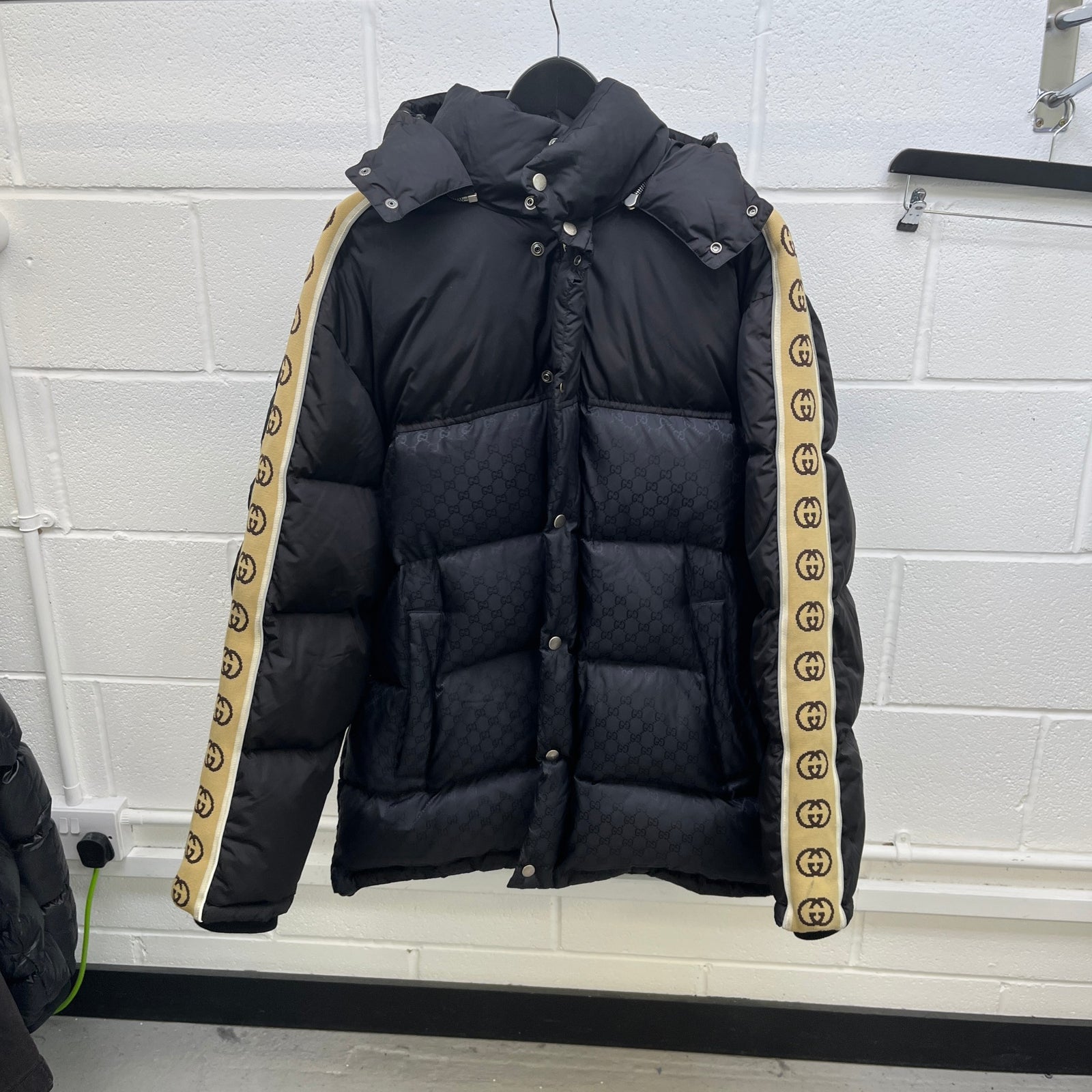 Men's GG Jacquard Nylon Down Jacket Black Size XL - Photo 8