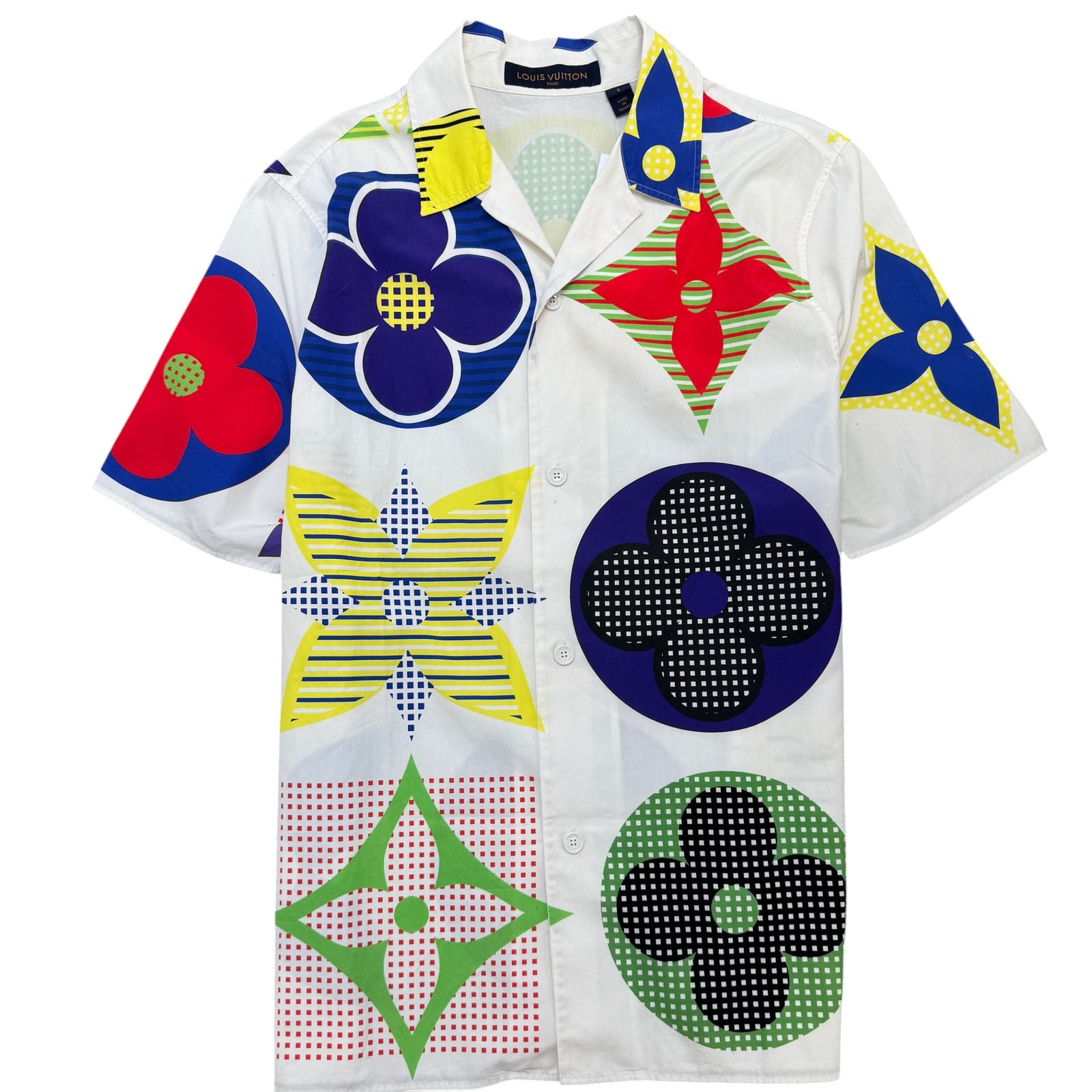 Men's Multicolor Flower Monogram Short Sleeve Shirt White Size S - Photo 1