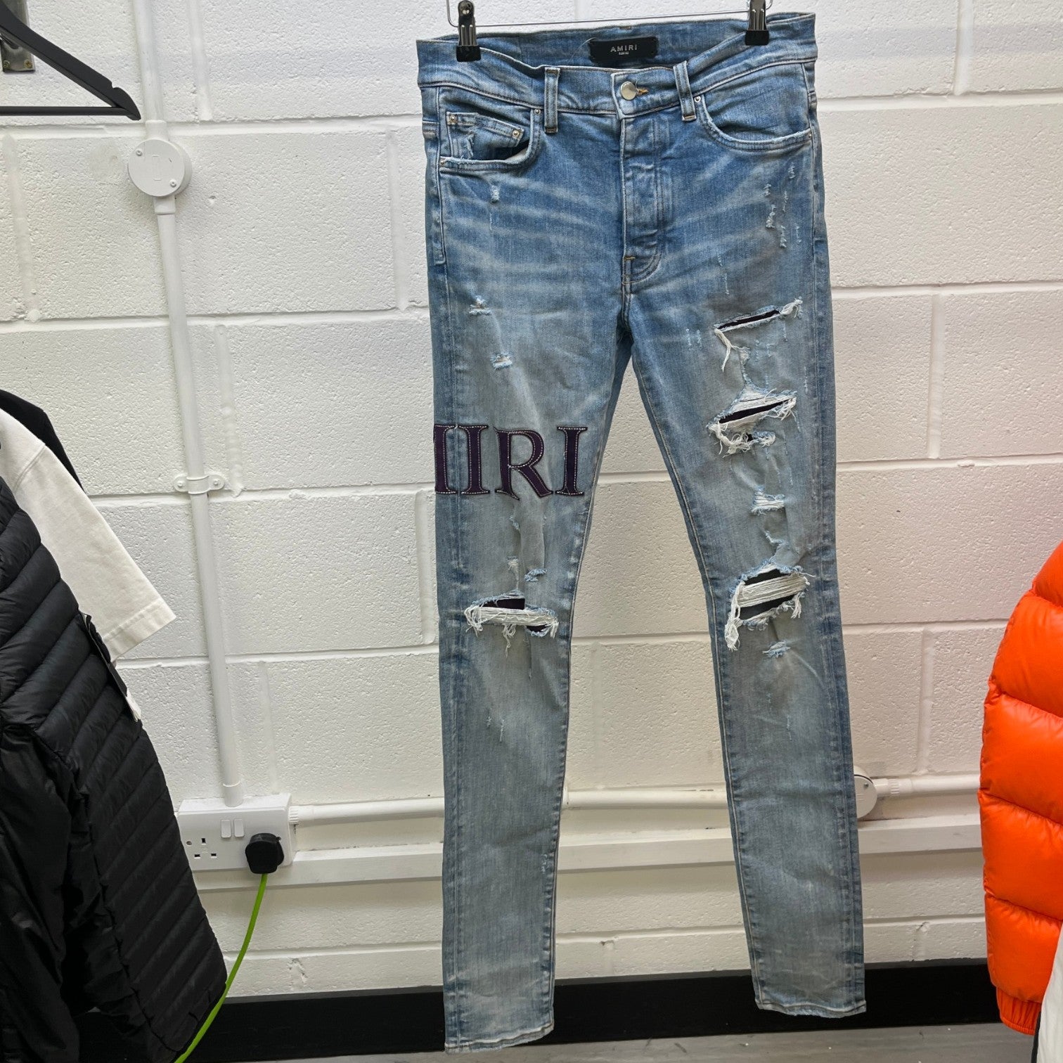 Men's Logo Print Distressed Jeans Blue Size Waist 30" - Photo 11
