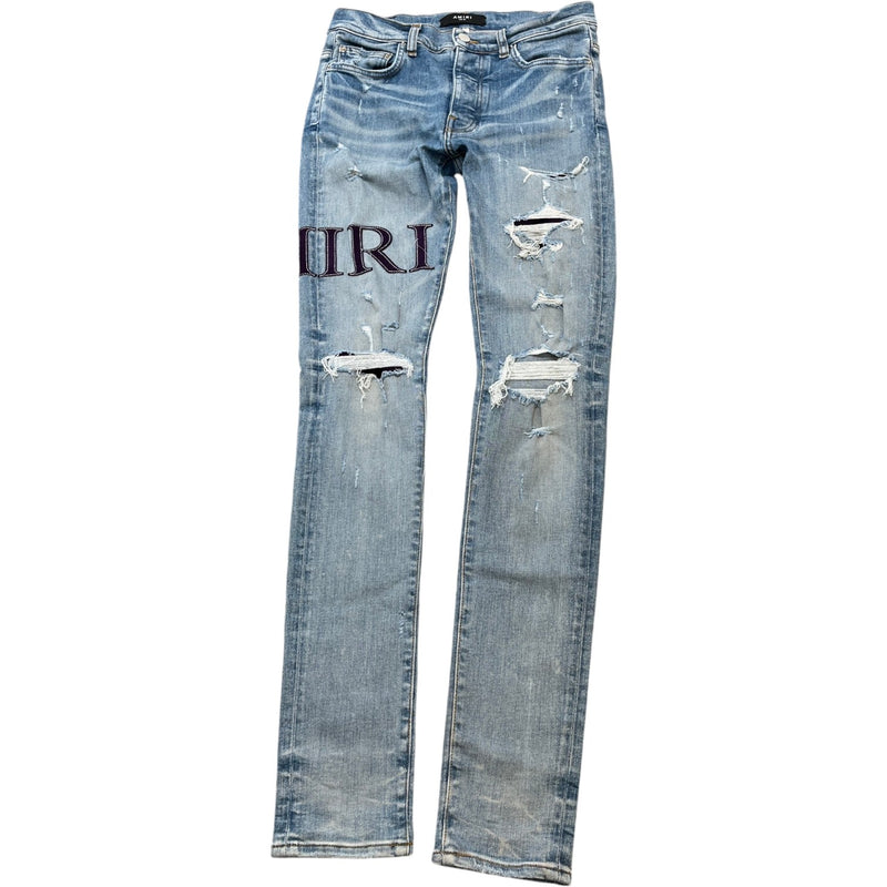 Men's Logo Print Distressed Jeans Blue Size Waist 30"