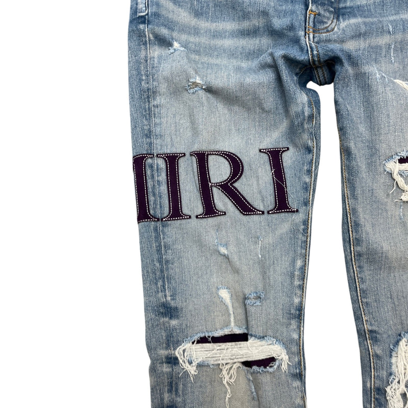 Men's Logo Print Distressed Jeans Blue Size Waist 30"