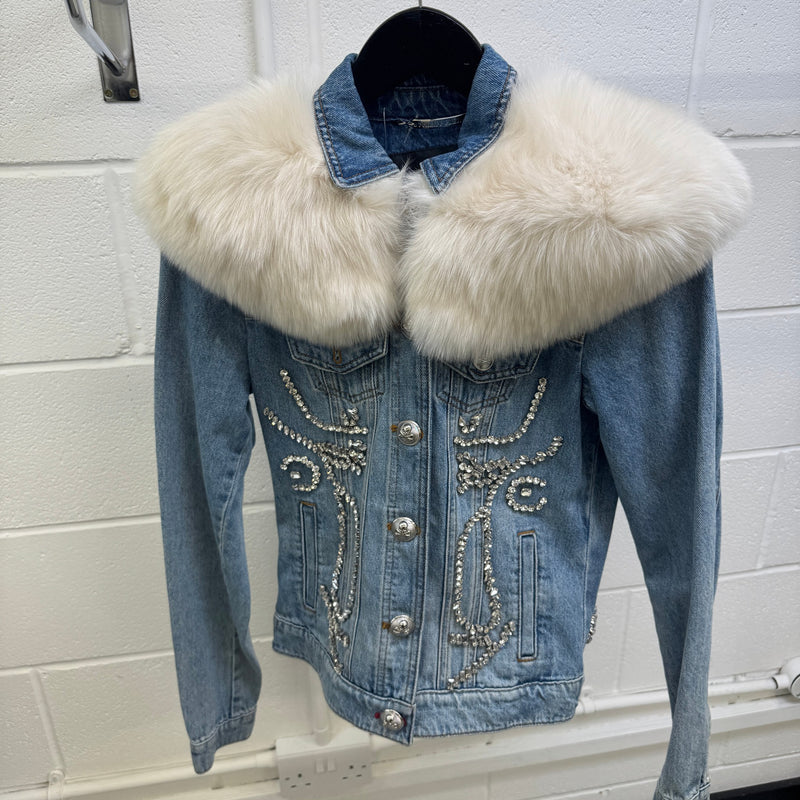 Women's Crystal Embellished Detachable Fur Collar Jacket Blue Size S