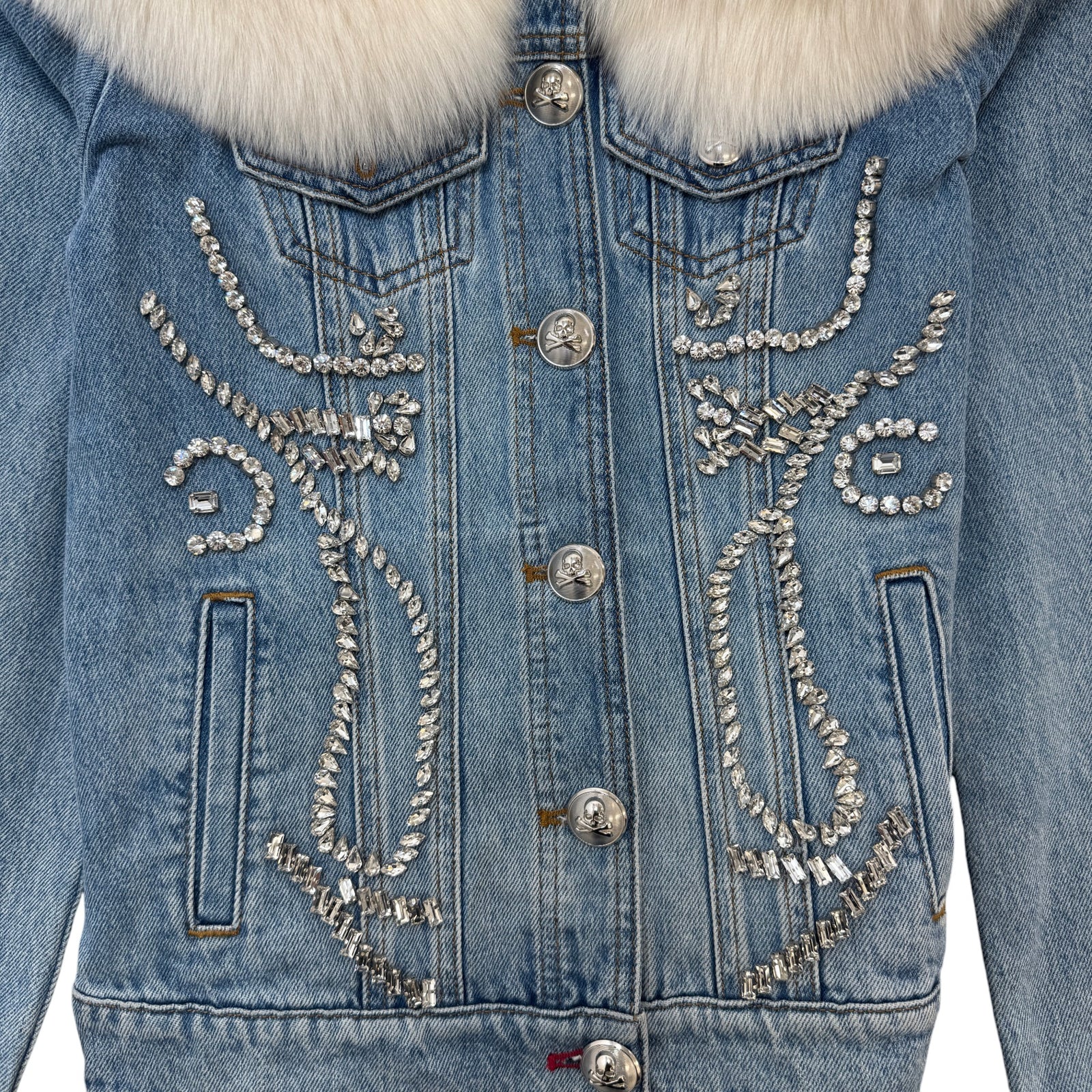 Women's Crystal Embellished Detachable Fur Collar Jacket Blue Size S - Photo 5