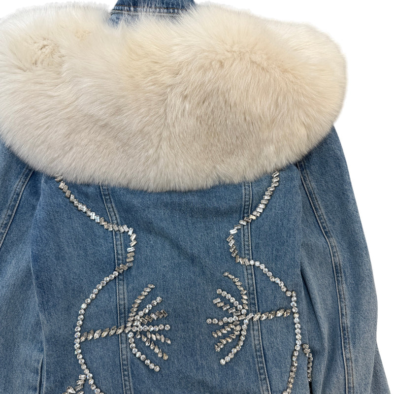 Women's Crystal Embellished Detachable Fur Collar Jacket Blue Size S