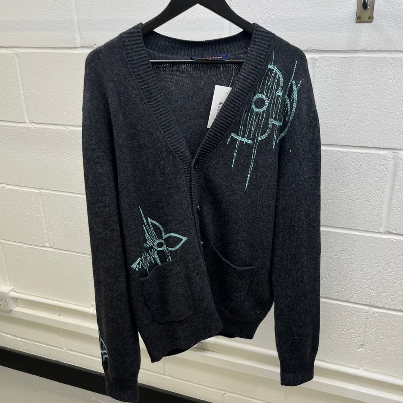 Men's Lv Frequency Embroidered Cardigan Grey Size M