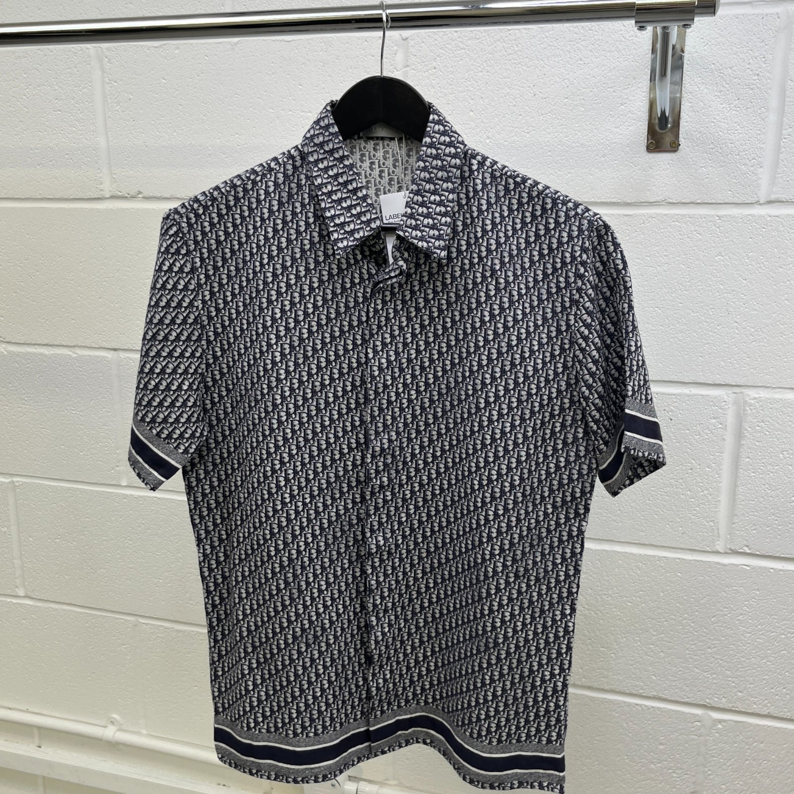 Men's Oblique Monogram Short Sleeve Shirt Navy Size M - Photo 8