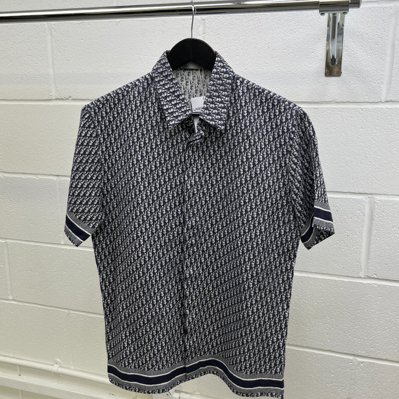 Men's Oblique Monogram Short Sleeve Shirt Navy Size M