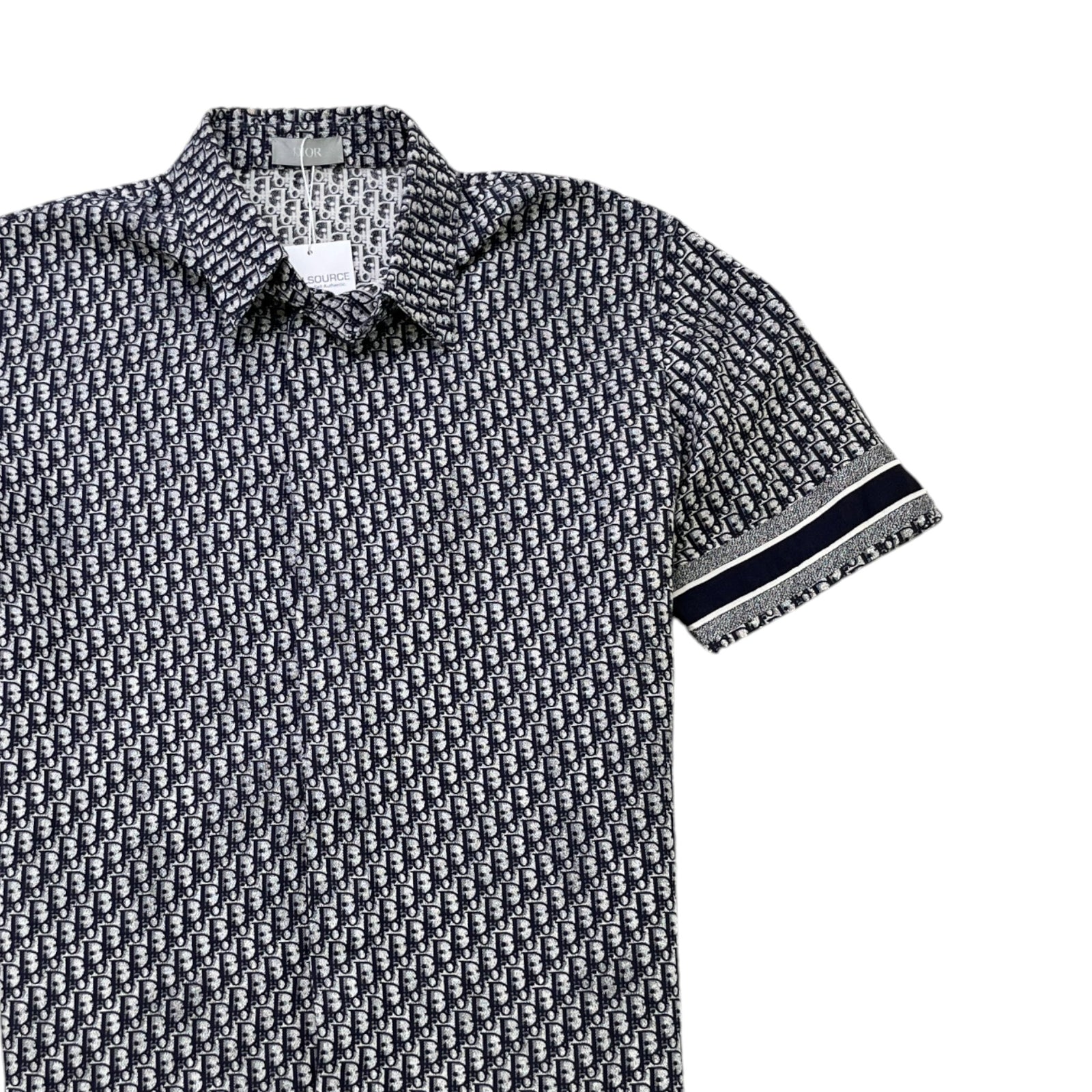 Men's Oblique Monogram Short Sleeve Shirt Navy Size M - Photo 3