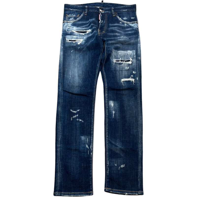 Men's Distressed Patch Logo Jeans Blue Size S / W30