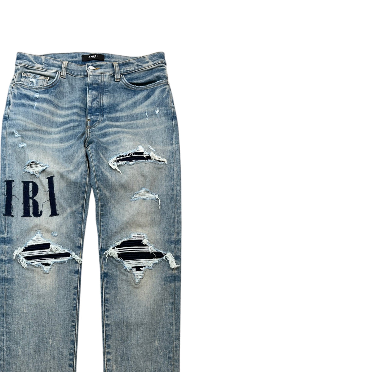 Men's Distressed Applique Logo Jeans Blue Size L / W34 - Photo 3