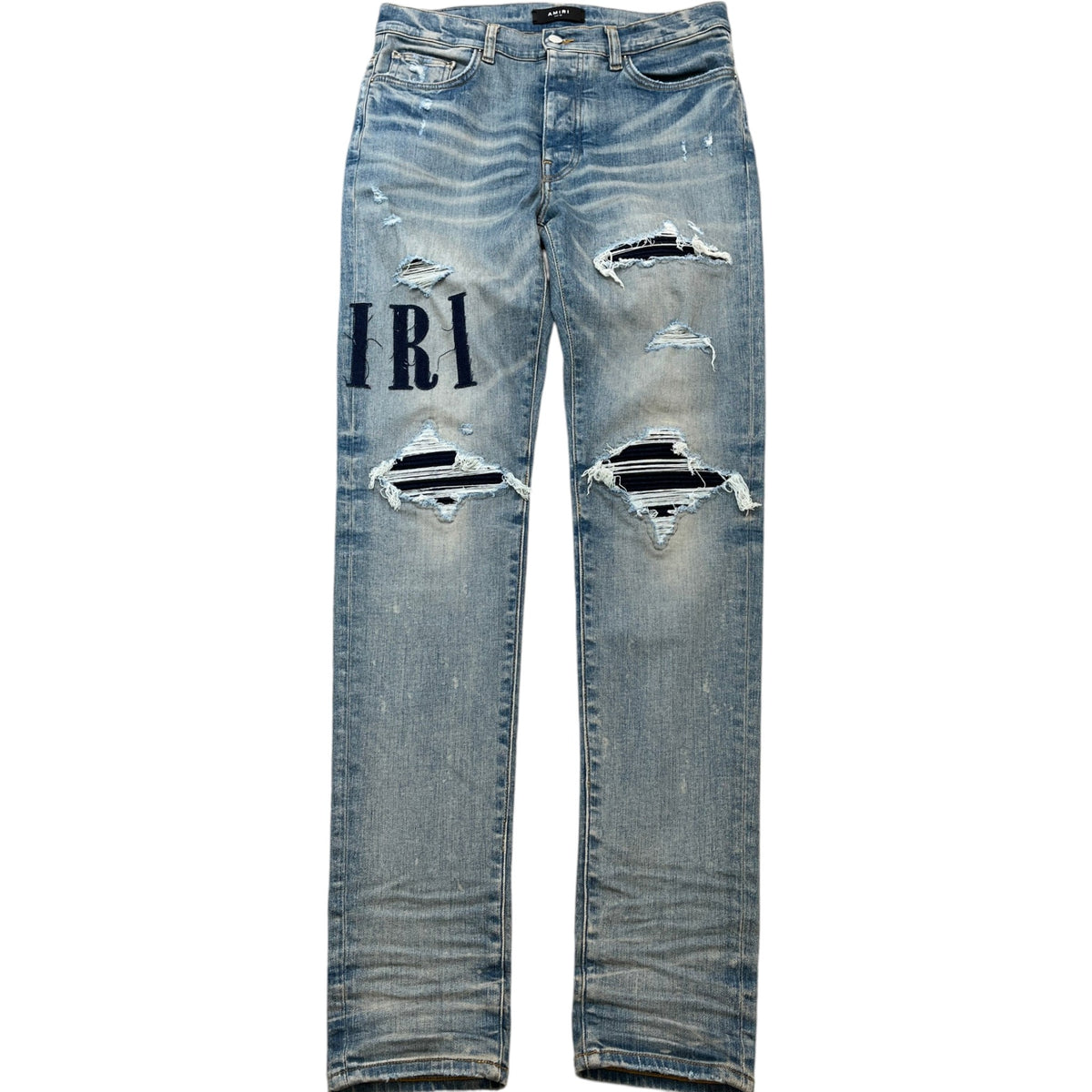 Men's Distressed Applique Logo Jeans Blue Size L / W34 - Photo 1