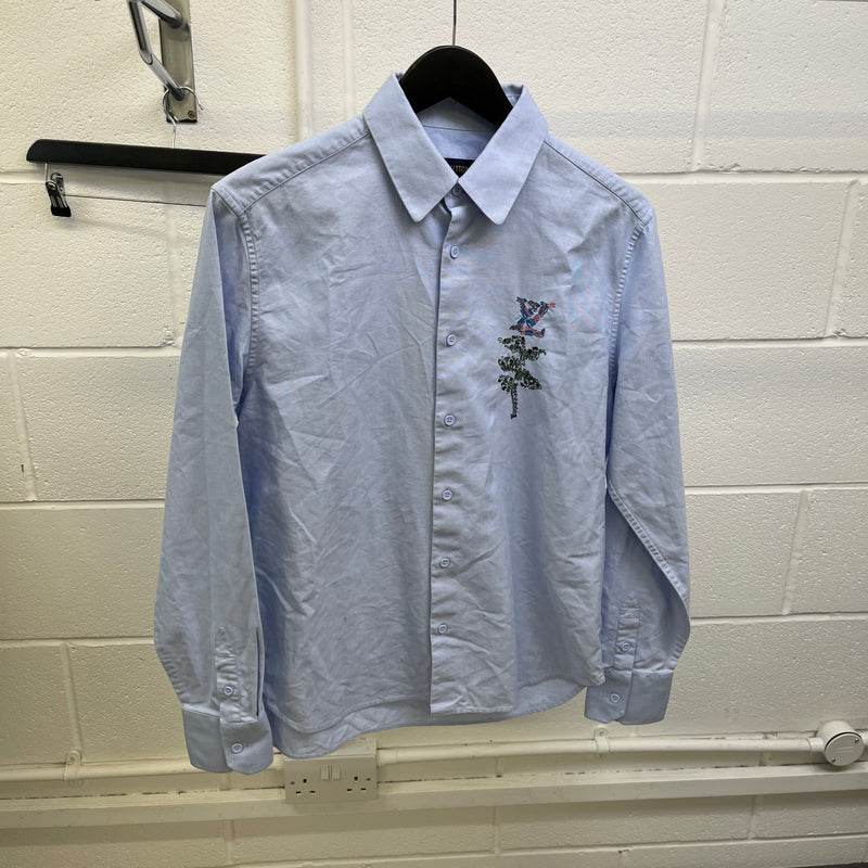 Men's Embroidered Flower Logo Long Sleeve Shirt Blue Size XS