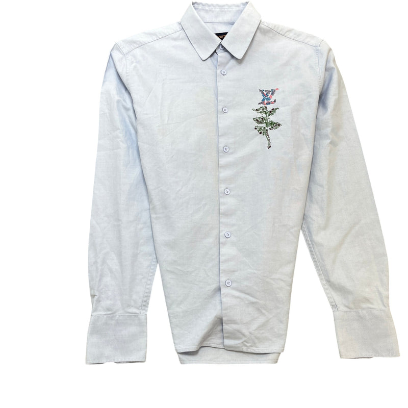 Men's Embroidered Flower Logo Long Sleeve Shirt Blue Size XS
