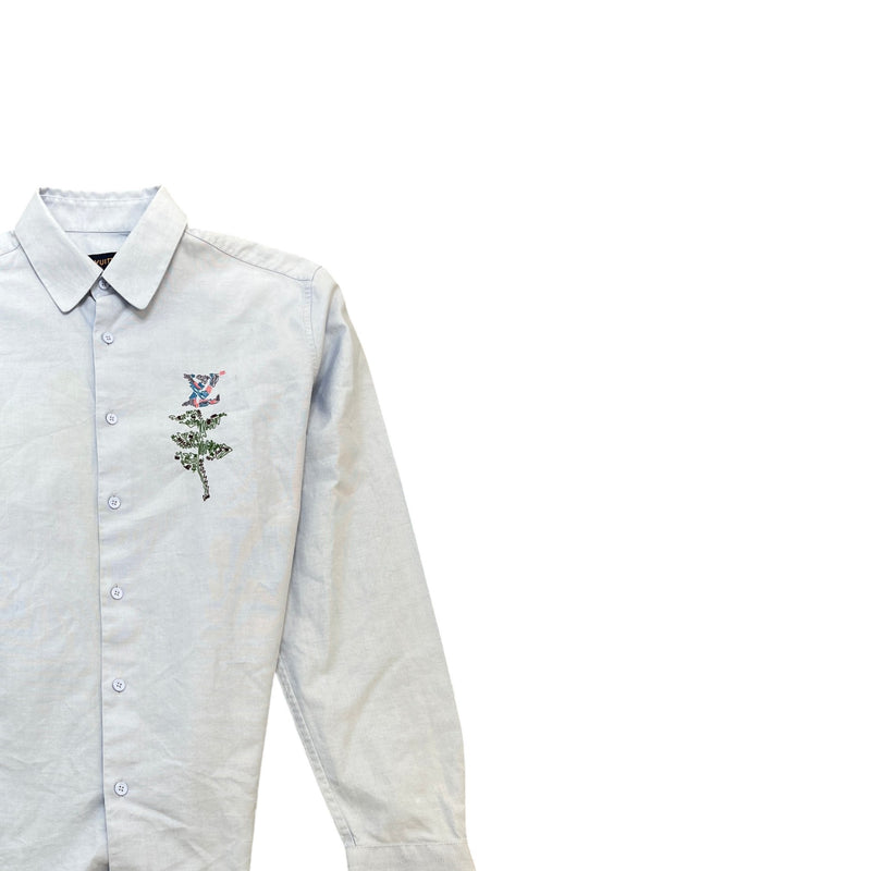 Men's Embroidered Flower Logo Long Sleeve Shirt Blue Size XS
