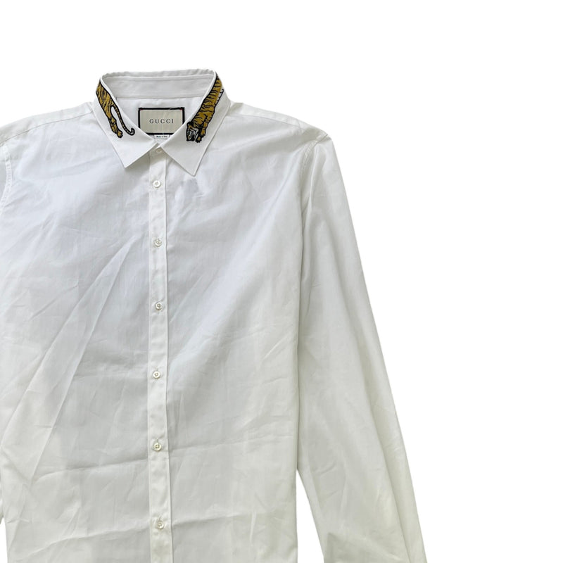 Men's Tiger Patch Collar Long Sleeve Shirt White Size XL