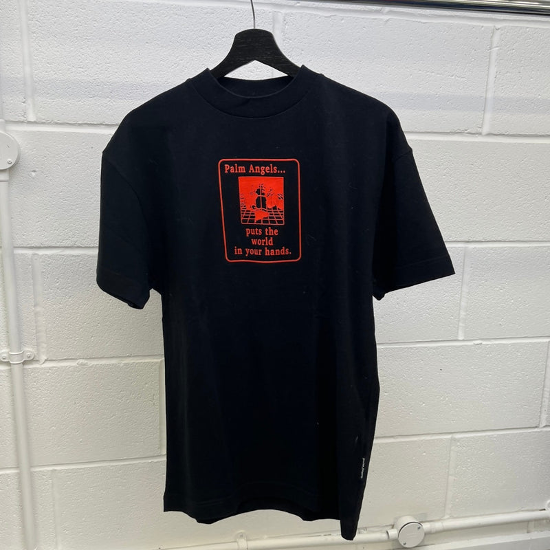 Men's World In Hands Print T-Shirt Black Size S