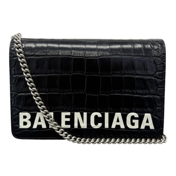 Women's Logo Crocodile Embossed Wallet on Chain Crossbody Bag Black