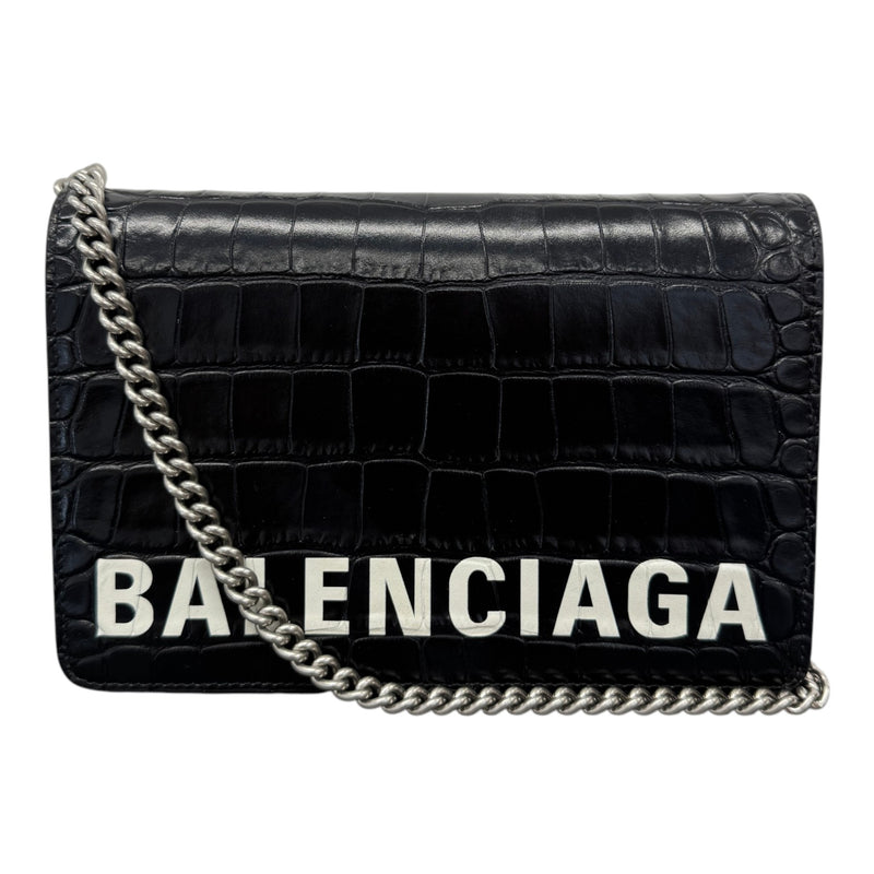 Women's Logo Crocodile Embossed Wallet on Chain Crossbody Bag Black