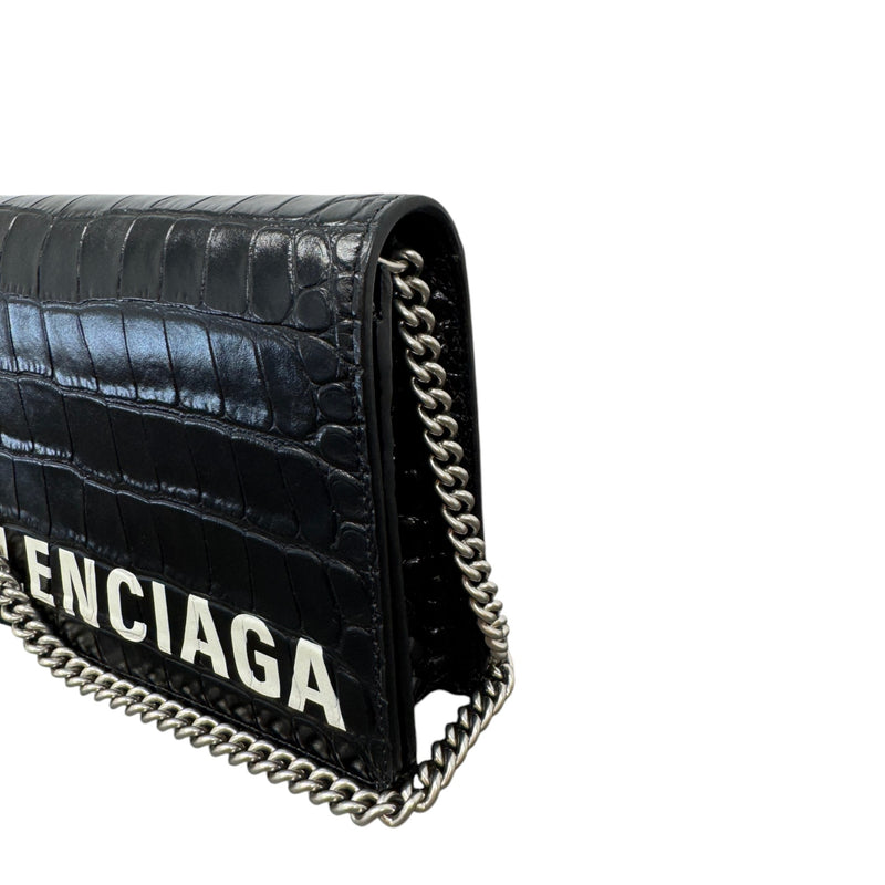 Women's Logo Crocodile Embossed Wallet on Chain Crossbody Bag Black