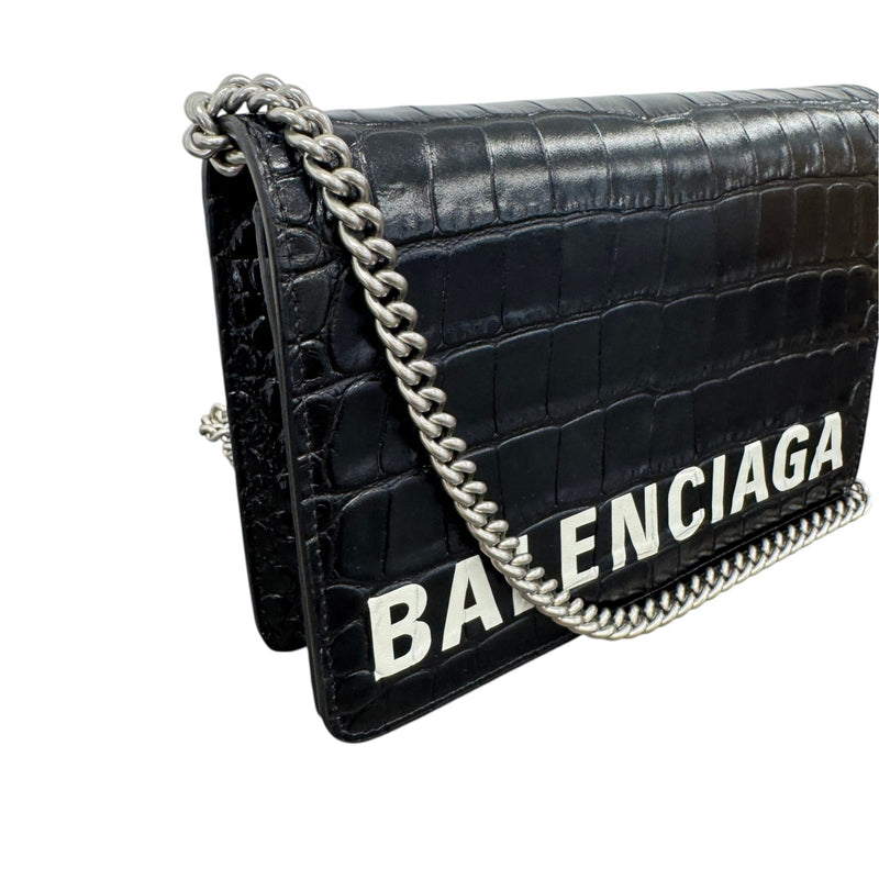 Women's Logo Crocodile Embossed Wallet on Chain Crossbody Bag Black