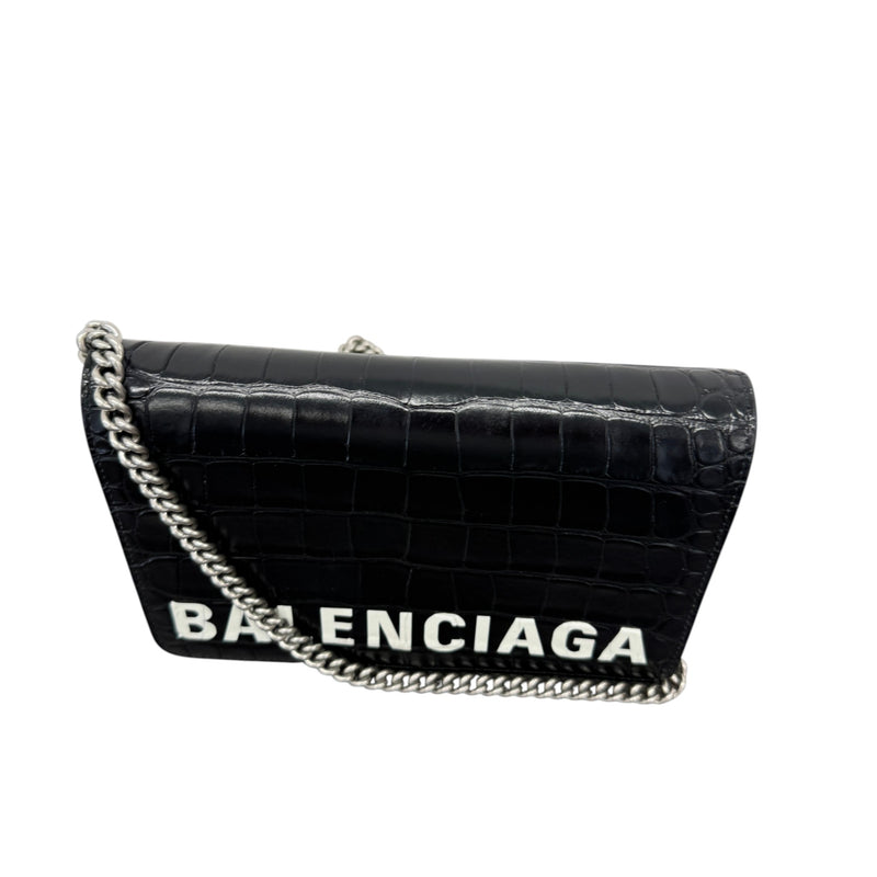 Women's Logo Crocodile Embossed Wallet on Chain Crossbody Bag Black