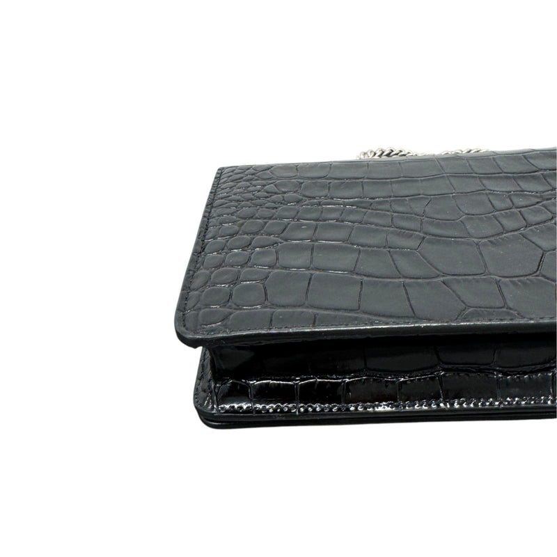 Women's Logo Crocodile Embossed Wallet on Chain Crossbody Bag Black