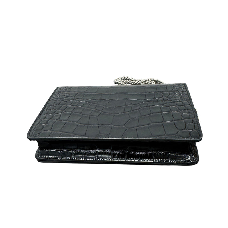 Women's Logo Crocodile Embossed Wallet on Chain Crossbody Bag Black