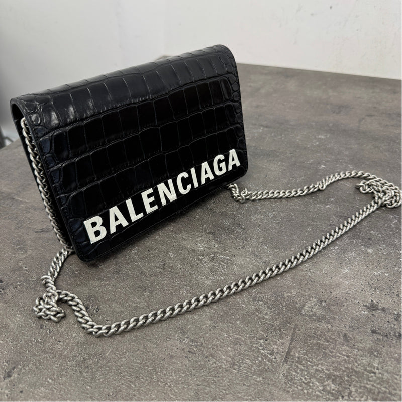 Women's Logo Crocodile Embossed Wallet on Chain Crossbody Bag Black
