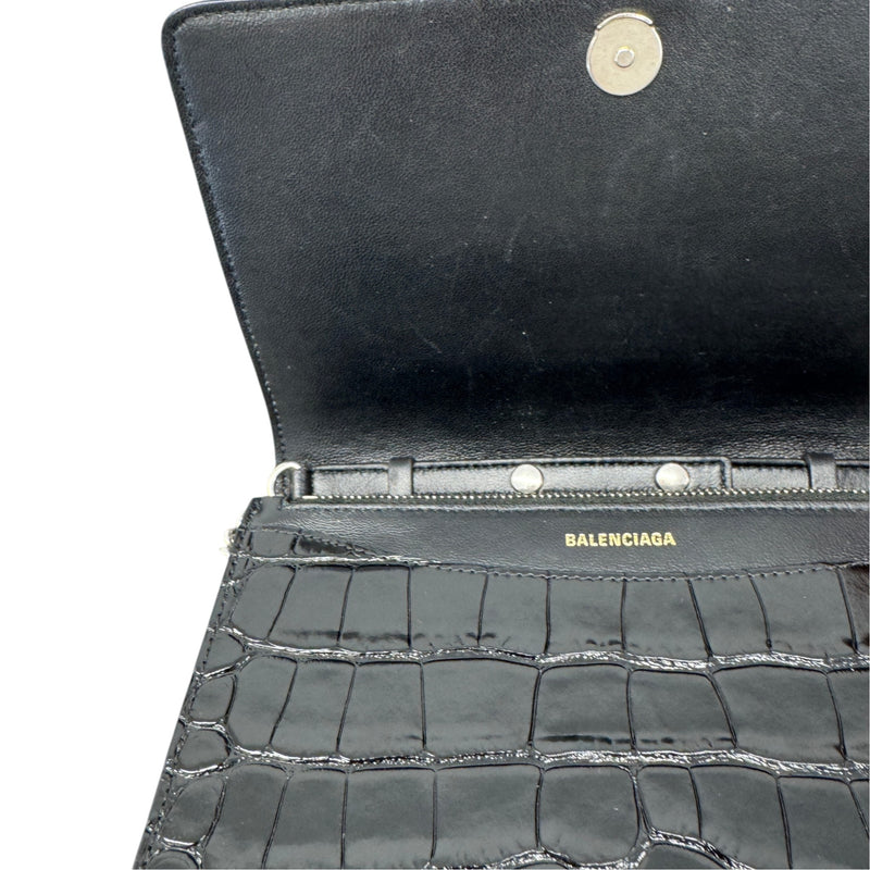 Women's Logo Crocodile Embossed Wallet on Chain Crossbody Bag Black