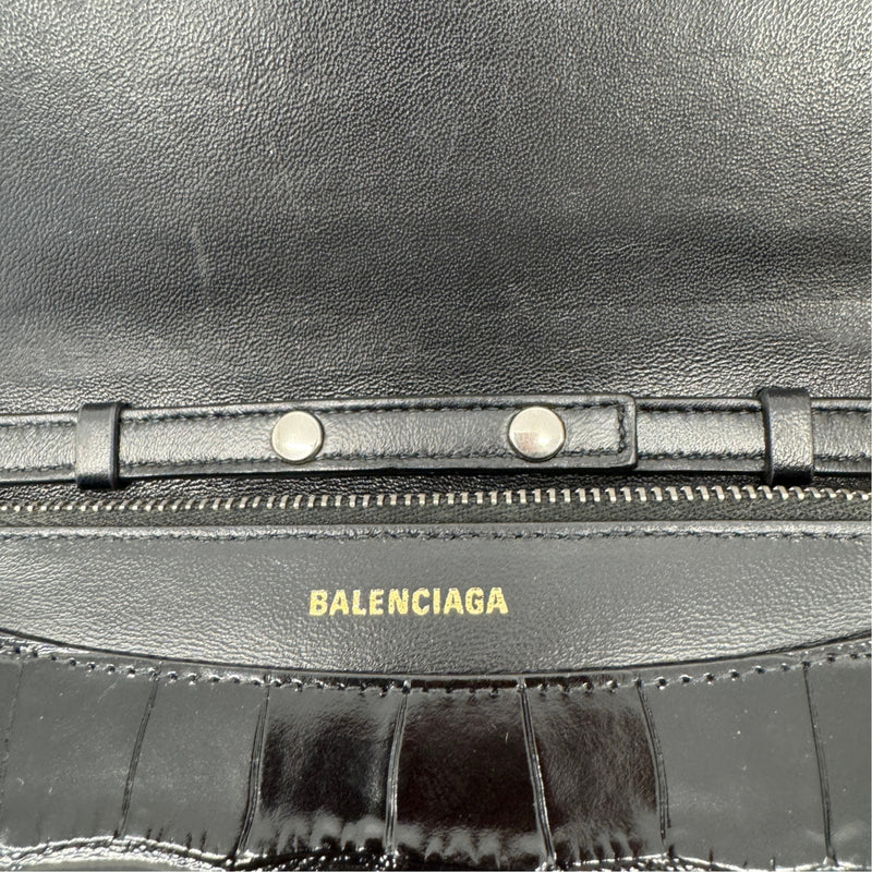 Women's Logo Crocodile Embossed Wallet on Chain Crossbody Bag Black