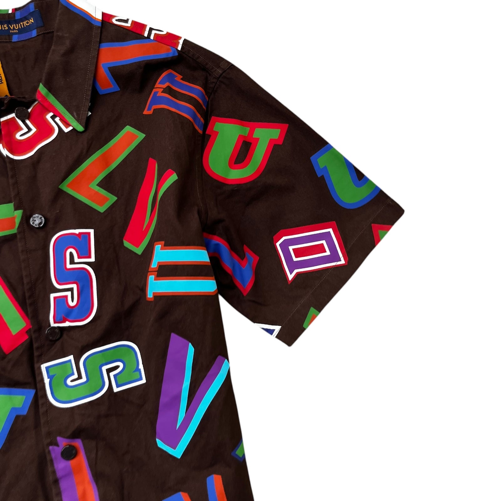 Men's X Nba Basketball Letters Button Up Short Sleeve Shirt Brown Size M - Photo 5